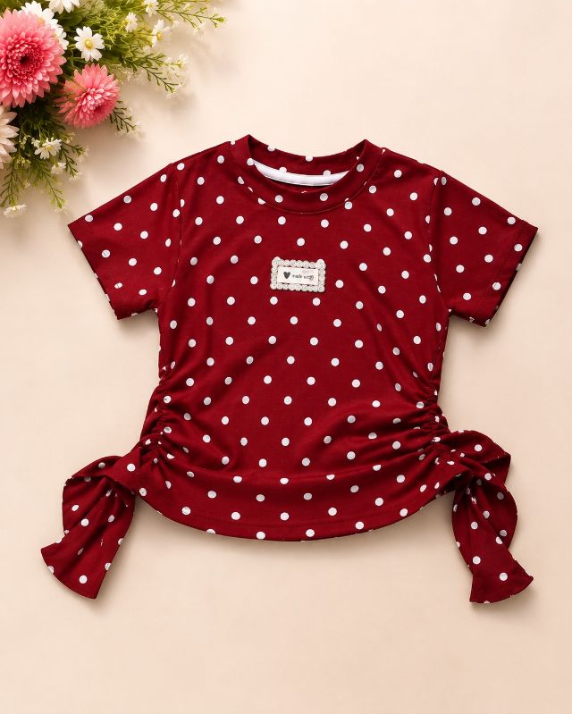 Girls Maroon Polka Dot Top & Wide-Leg Denim Pants Set — view 2 | Kids Wear Online India