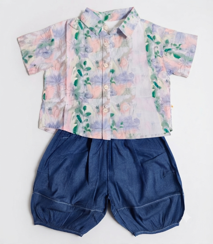 Kids Floral Print Shirt & Denim Shorts Set – Stylish Casual Co-Ord Outfit — view 3 | Kids Wear Online India