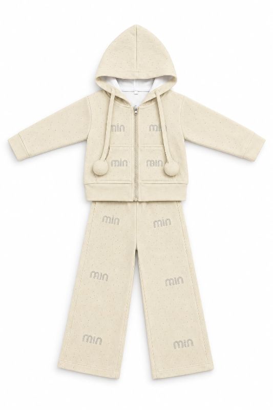 Girls Beige Hooded Jacket, T-Shirt & Jogger Set | 3-Piece Kids Co-Ord Set — view 3 | Kids Wear Online India