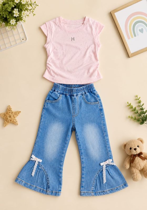 Girls Baby Pink Polka Dot Top & Bow Flare Denim Jeans Set — view 2 | Kids Wear Online India