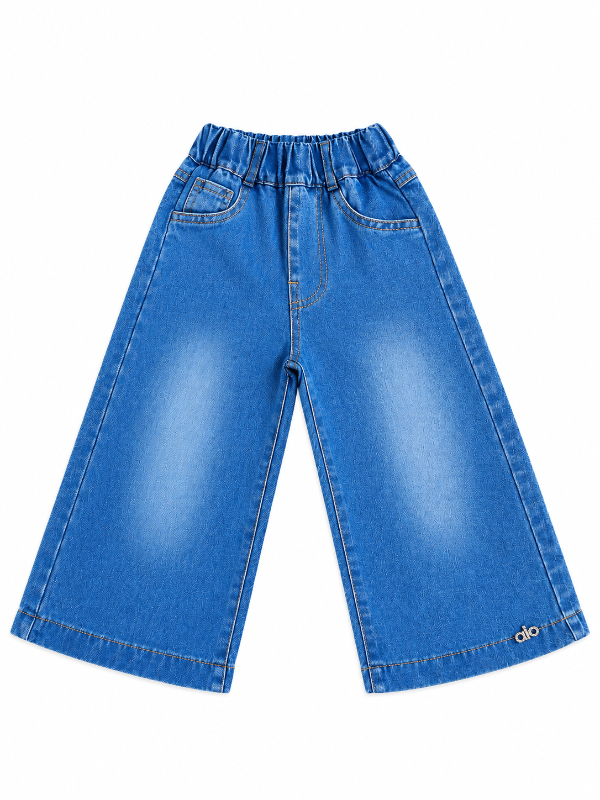 Girls Blue Appliqué T-Shirt & Wide-Leg Denim Shorts Set — view 3 | Kids Wear Online India