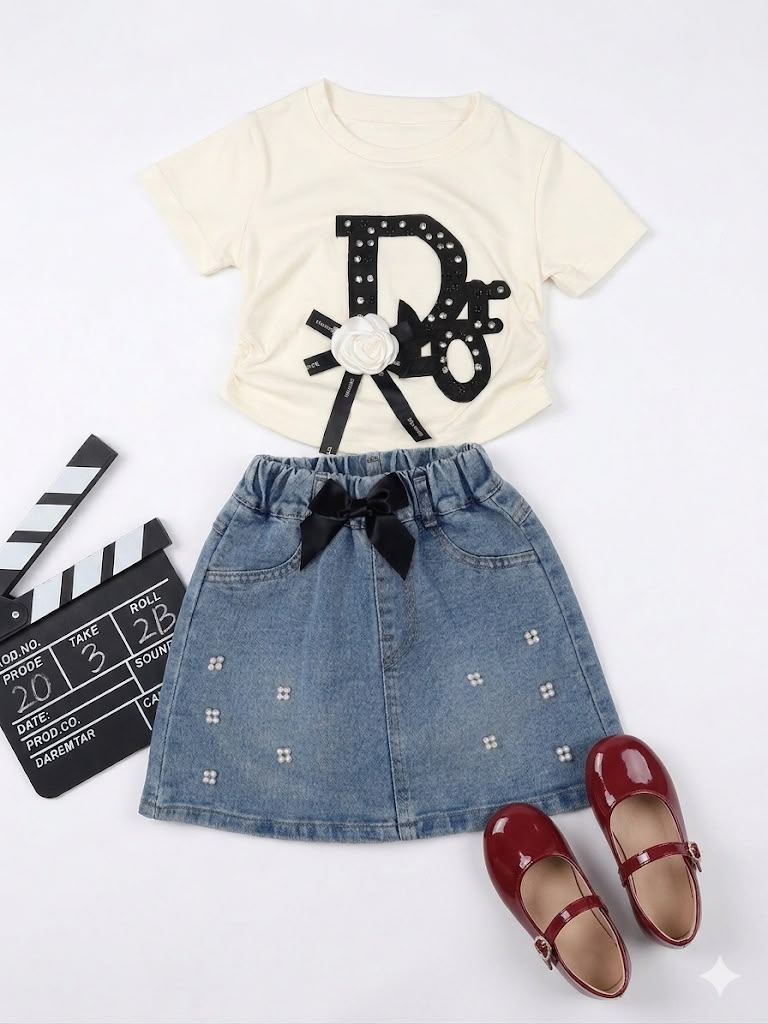 Elegant Cream Top and Pearl-Detailed Denim Skirt Set for Girls — BluePeak Global