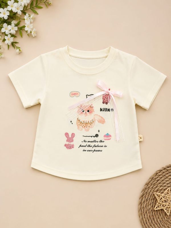 Girls Korean Style Kitten T-Shirt & Bow Denim Shorts Set — view 2 | Kids Wear Online India