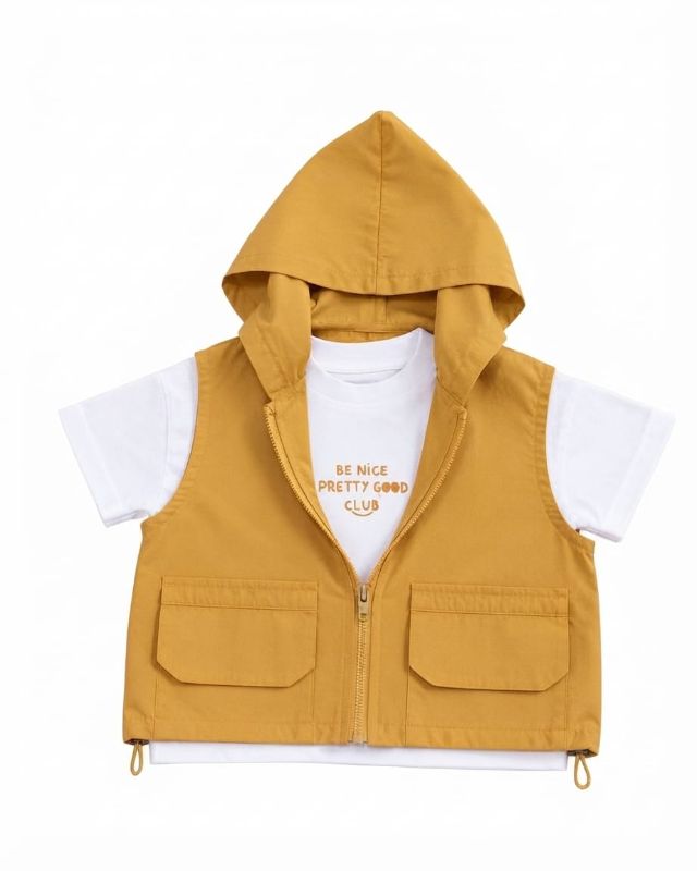 Boys Mustard Yellow Hooded Vest and Shorts Set with White T-Shirt — view 3 | Kids Wear Online India