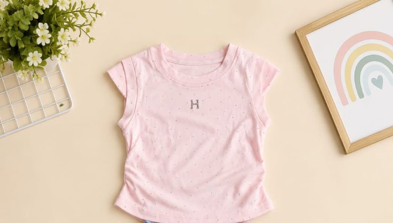 Girls Baby Pink Polka Dot Top & Bow Flare Denim Jeans Set — view 5 | Kids Wear Online India