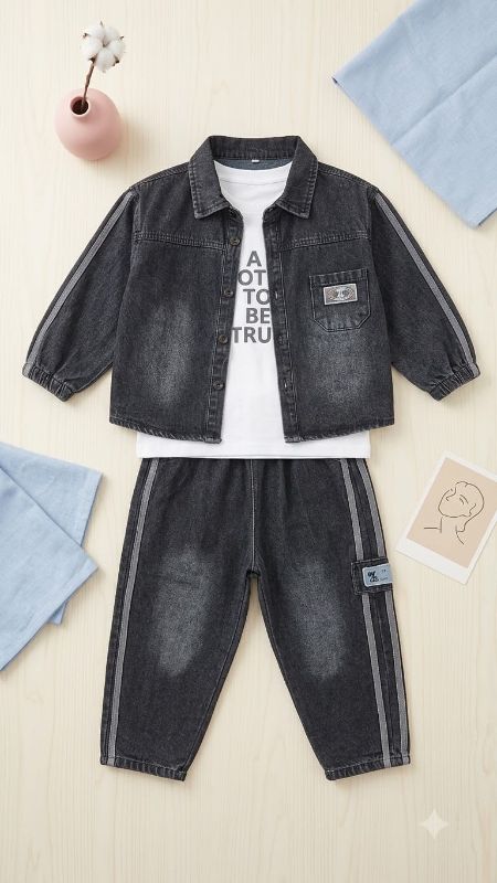 Kids' Dark Wash Denim Jacket with White Graphic T-Shirt Set — view 1 | Kids Wear Online India
