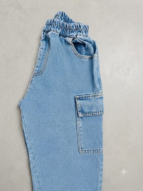 Boys Light Blue Denim Jacket and Cargo Pants Set with White T-Shirt — view 6 | Kids Wear Online India