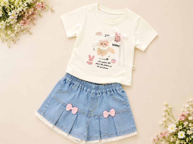 Girls Korean Style Kitten T-Shirt & Bow Denim Shorts Set — BluePeak Global