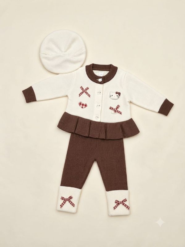 Baby Girl Cream & Brown Knit Cardigan with Bow Appliqués and Matching Beret Hat Set — view 4 | Kids Wear Online India