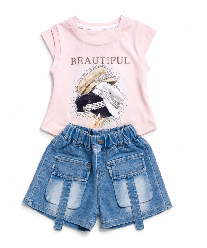 Girls Korean Style Pink Top & Denim Cargo Shorts Set — view 3 | Kids Wear Online India