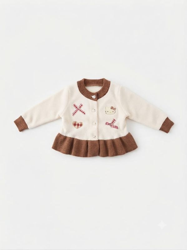 Baby Girl Cream & Brown Knit Cardigan with Bow Appliqués and Matching Beret Hat Set — view 1 | Kids Wear Online India