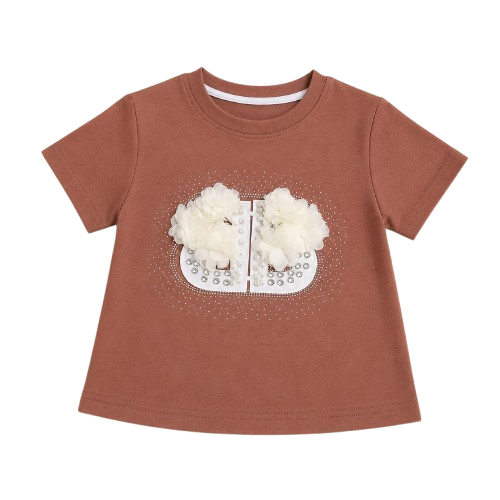 Girls Rust Brown Floral Top & Denim Skirt Set — view 1 | Kids Wear Online India