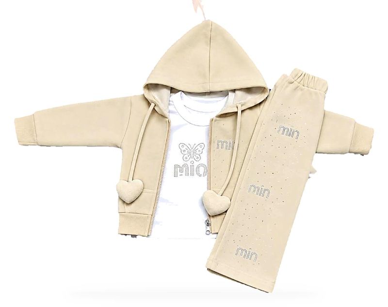Girls Beige Hooded Jacket, T-Shirt & Jogger Set | 3-Piece Kids Co-Ord Set — view 5 | Kids Wear Online India