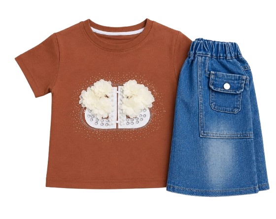 Girls Rust Brown Floral Top & Denim Skirt Set — BluePeak Global