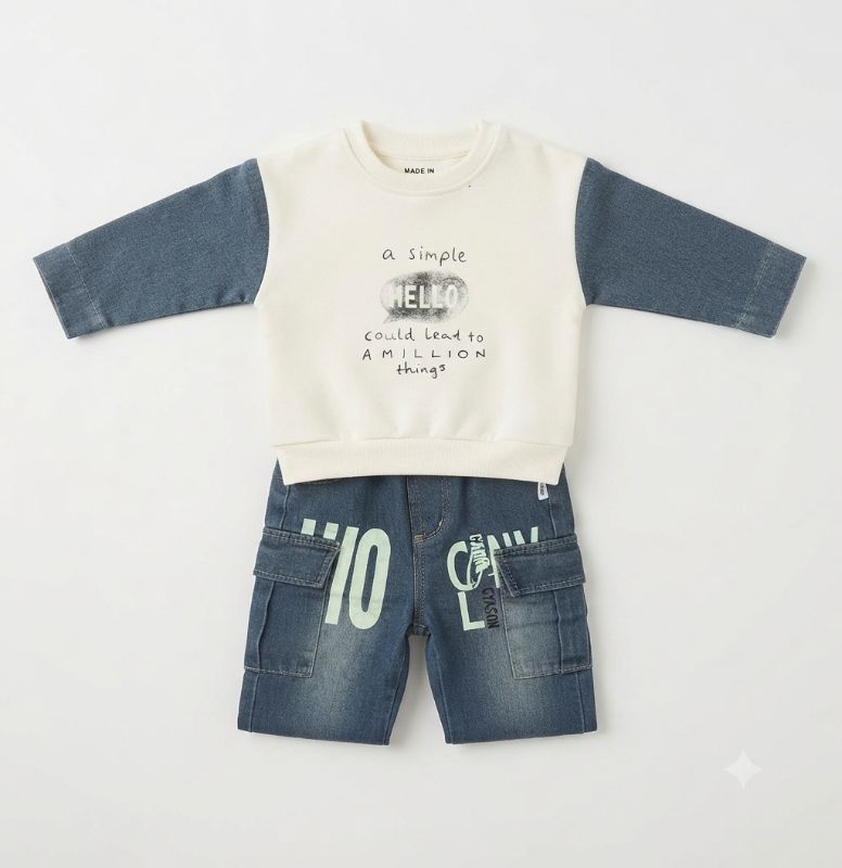 Kids Graphic Sweatshirt & Denim Cargo Pants Outfit Set — view 6 | Kids Wear Online India