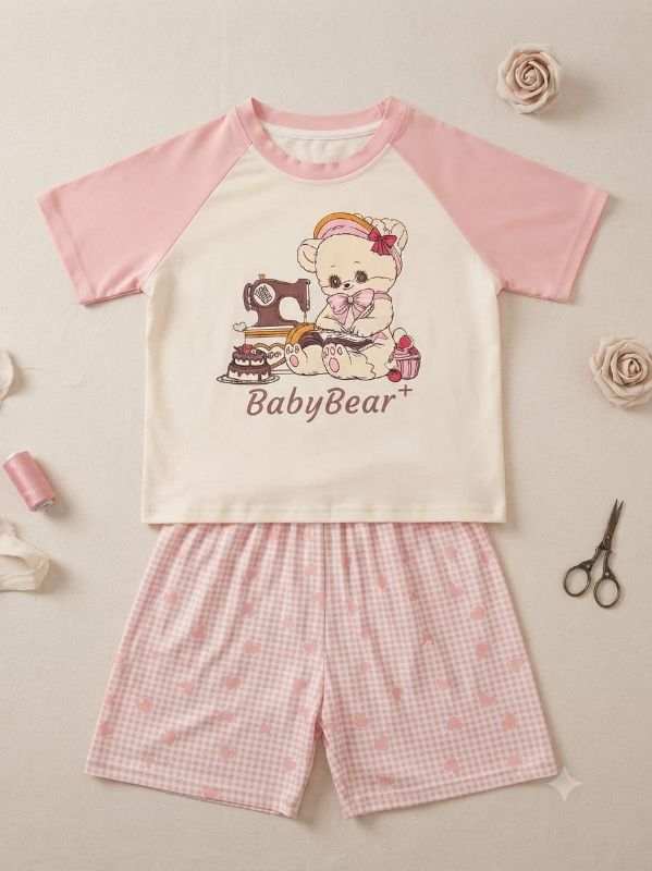 Pink Baby Bear Printed T-Shirt & Checkered Shorts Set for Girls — view 1 | Kids Wear Online India