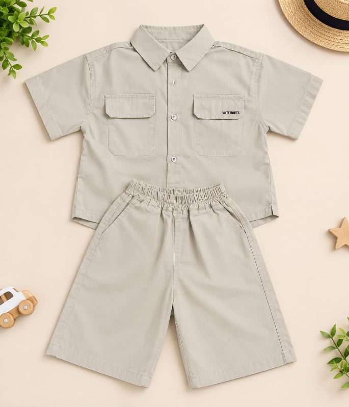 Boys Beige Shirt & Shorts Set – Casual Summer Co-Ord Outfit — view 3 | Kids Wear Online India