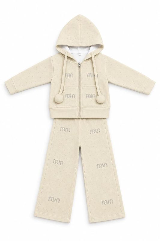 Cream Rhinestone Logo Zip-Up Hoodie and Pants Tracksuit Set — view 4 | Kids Wear Online India