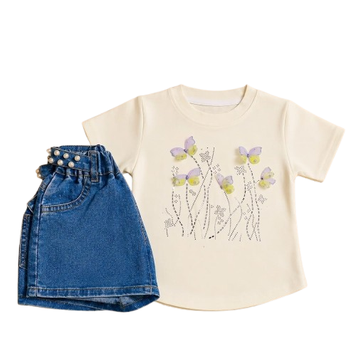 Girls Cream Butterfly T-Shirt & Pearl Denim Shorts Set — BluePeak Global