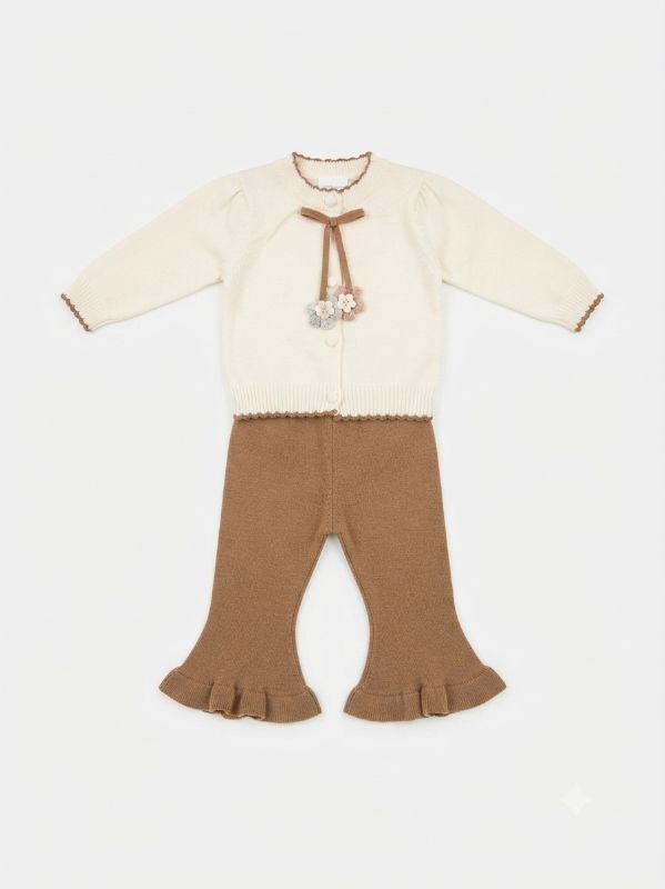 Baby Girl Knit Cardigan and Flare Pants Set – Cream & Brown Floral Bow Winter Outfit — view 4 | Kids Wear Online India