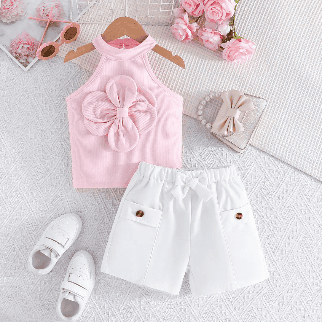 Elegant Pink Floral Top and Casual Black Shorts Set for Girls — view 3 | Kids Wear Online India