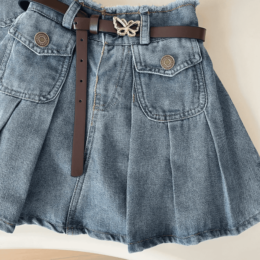 Girls Flared Denim Dress with Belt – Kids Party Wear Dress — view 3 | Kids Wear Online India