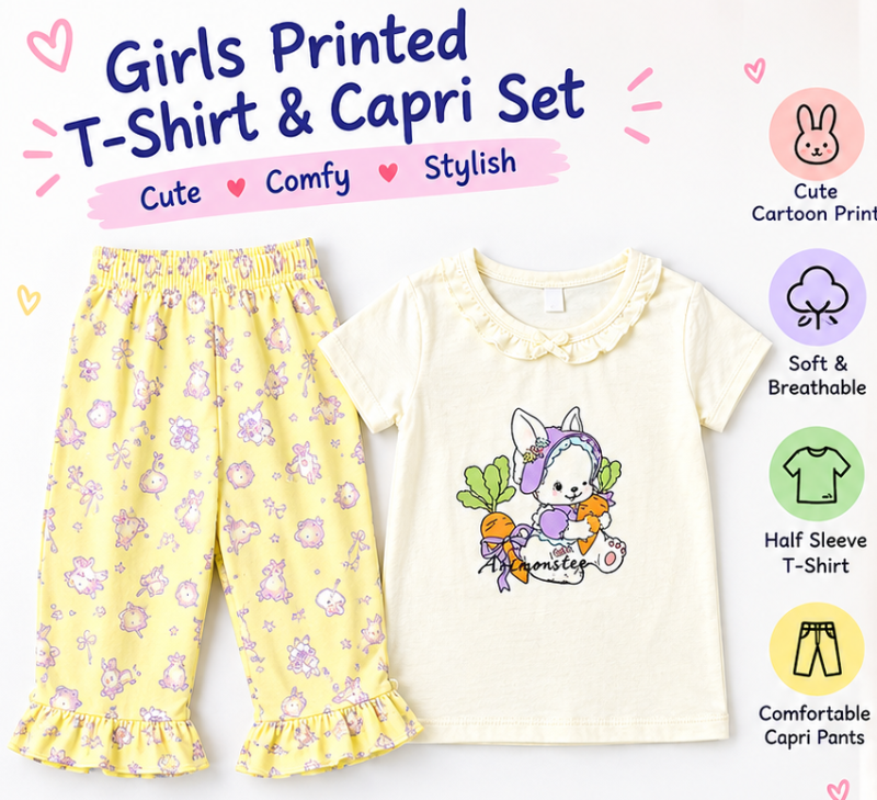 Girls Printed T-Shirt & Capri Set – Cute Bunny Print with Ruffle Hem