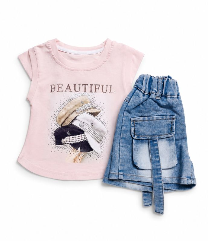 Girls Korean Style Pink Top & Denim Cargo Shorts Set — BluePeak Global