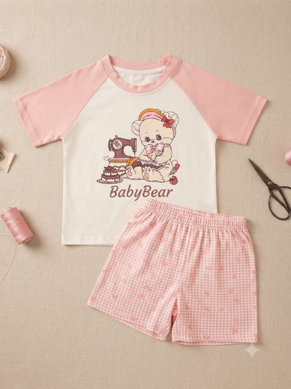 Pink Baby Bear Printed T-Shirt & Checkered Shorts Set for Girls — view 2 | Kids Wear Online India