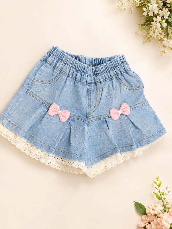 Girls Korean Style Kitten T-Shirt & Bow Denim Shorts Set — view 1 | Kids Wear Online India