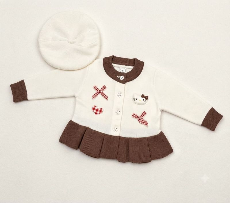 Baby Girl Cream & Brown Knit Cardigan with Bow Appliqués and Matching Beret Hat Set — view 3 | Kids Wear Online India
