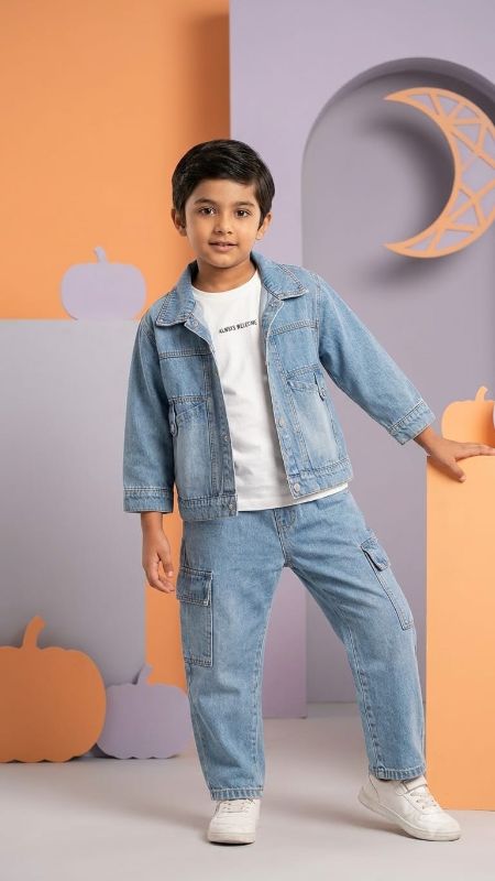 Boys Light Blue Denim Jacket and Cargo Pants Set with White T-Shirt — view 8 | Kids Wear Online India