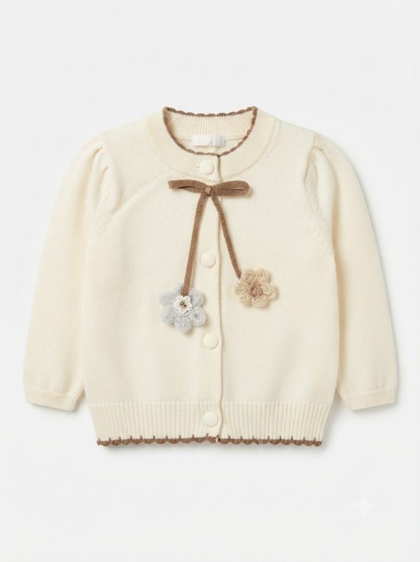 Baby Girl Knit Cardigan and Flare Pants Set – Cream & Brown Floral Bow Winter Outfit — view 2 | Kids Wear Online India