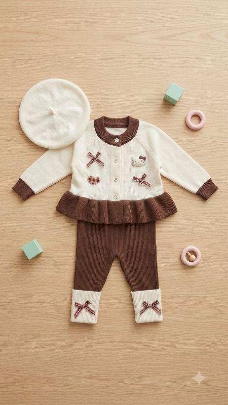 Baby Girl Cream & Brown Knit Cardigan with Bow Appliqués and Matching Beret Hat Set — view 6 | Kids Wear Online India