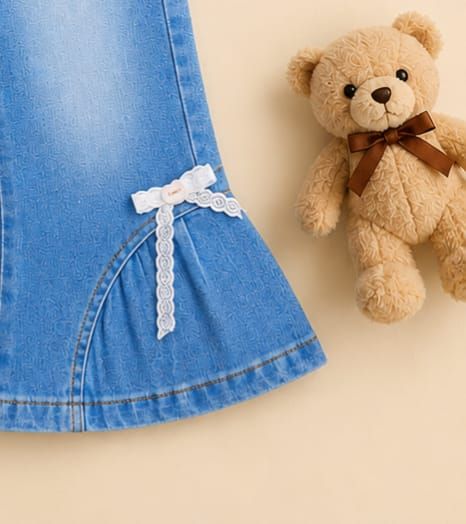 Girls Baby Pink Polka Dot Top & Bow Flare Denim Jeans Set — view 3 | Kids Wear Online India