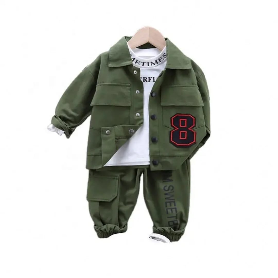 Premium 3-Piece Olive Utility Jacket & Jogger Set for Boys